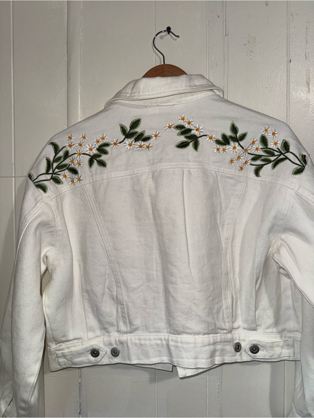 Jacqui E White Denim Jacket with Green Leaf & Yellow Star Embroidery